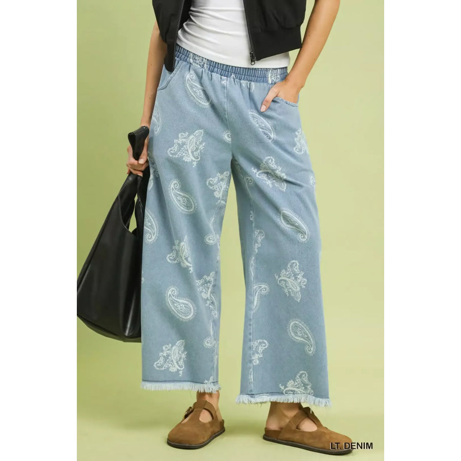 Umgee Denim Paisley Wide-Leg Pants LT. DENIM / S Apparel and Accessories