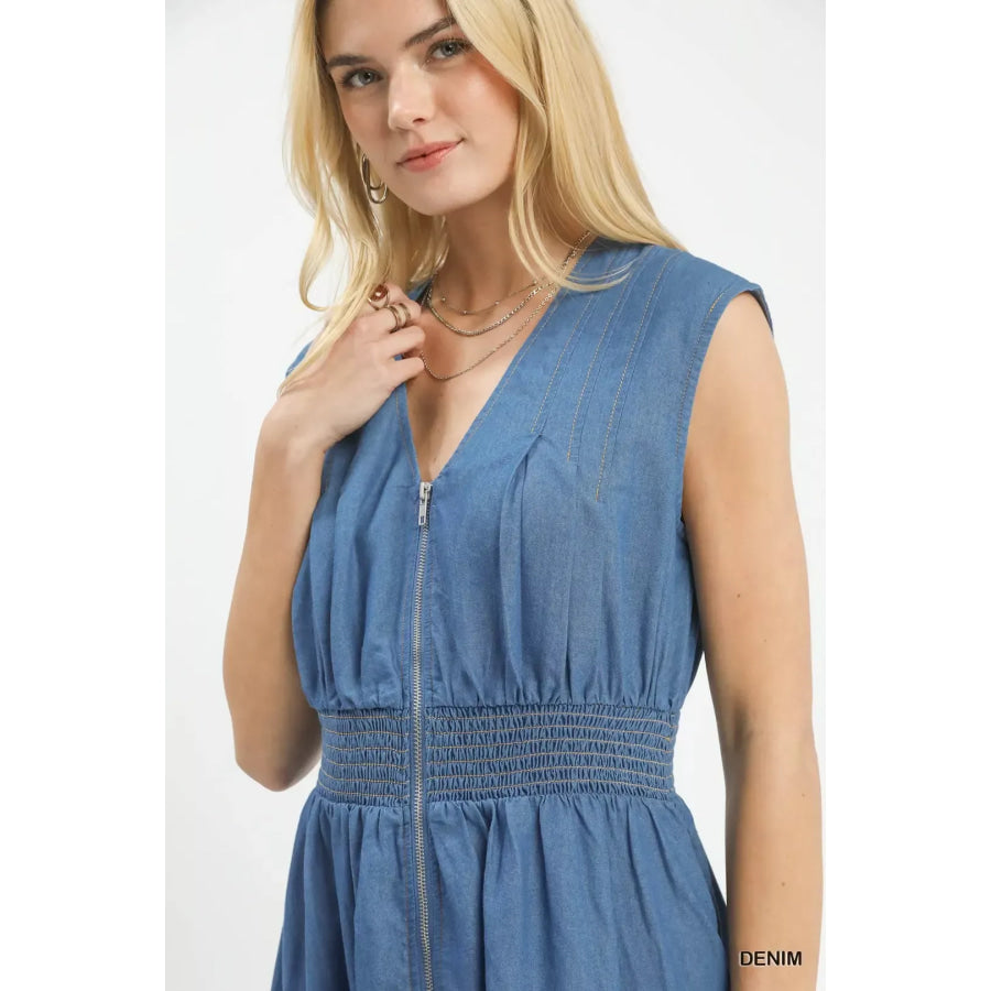 Umgee Denim Sleeveless Zip-Front Smocked Waist Midi Dress Apparel and Accessories