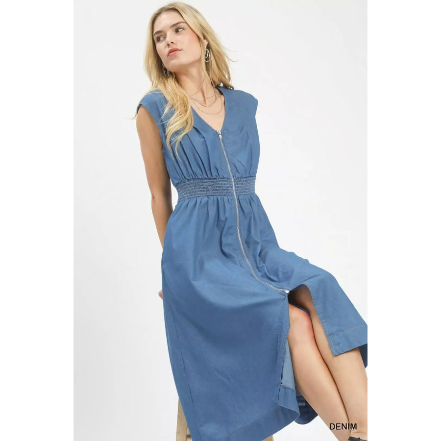 Umgee Denim Sleeveless Zip-Front Smocked Waist Midi Dress Apparel and Accessories