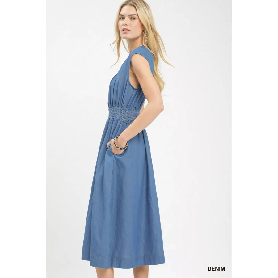 Umgee Denim Sleeveless Zip-Front Smocked Waist Midi Dress DENIM / S Apparel and Accessories