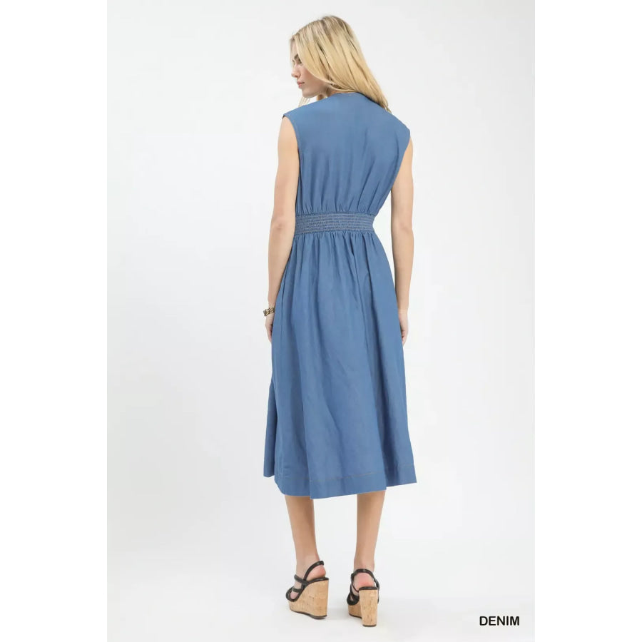 Umgee Denim Sleeveless Zip-Front Smocked Waist Midi Dress Apparel and Accessories