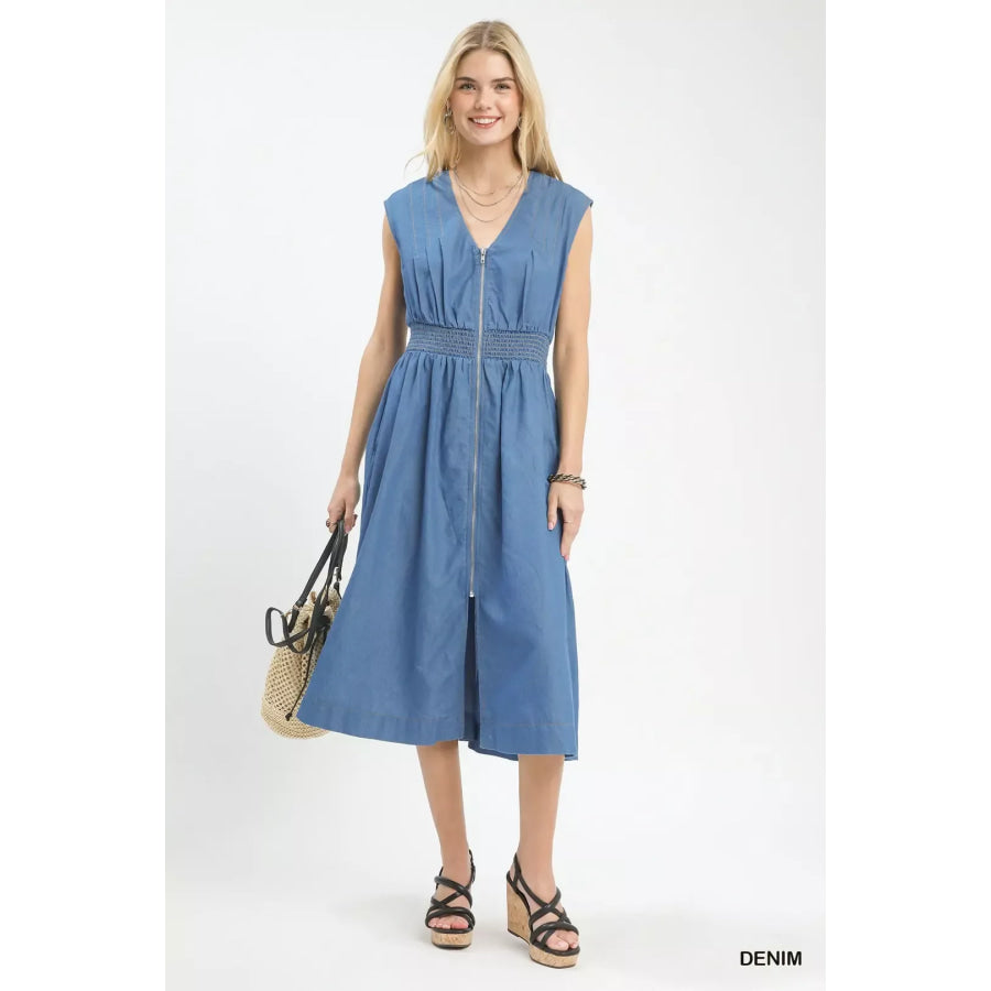 Umgee Denim Sleeveless Zip-Front Smocked Waist Midi Dress Apparel and Accessories