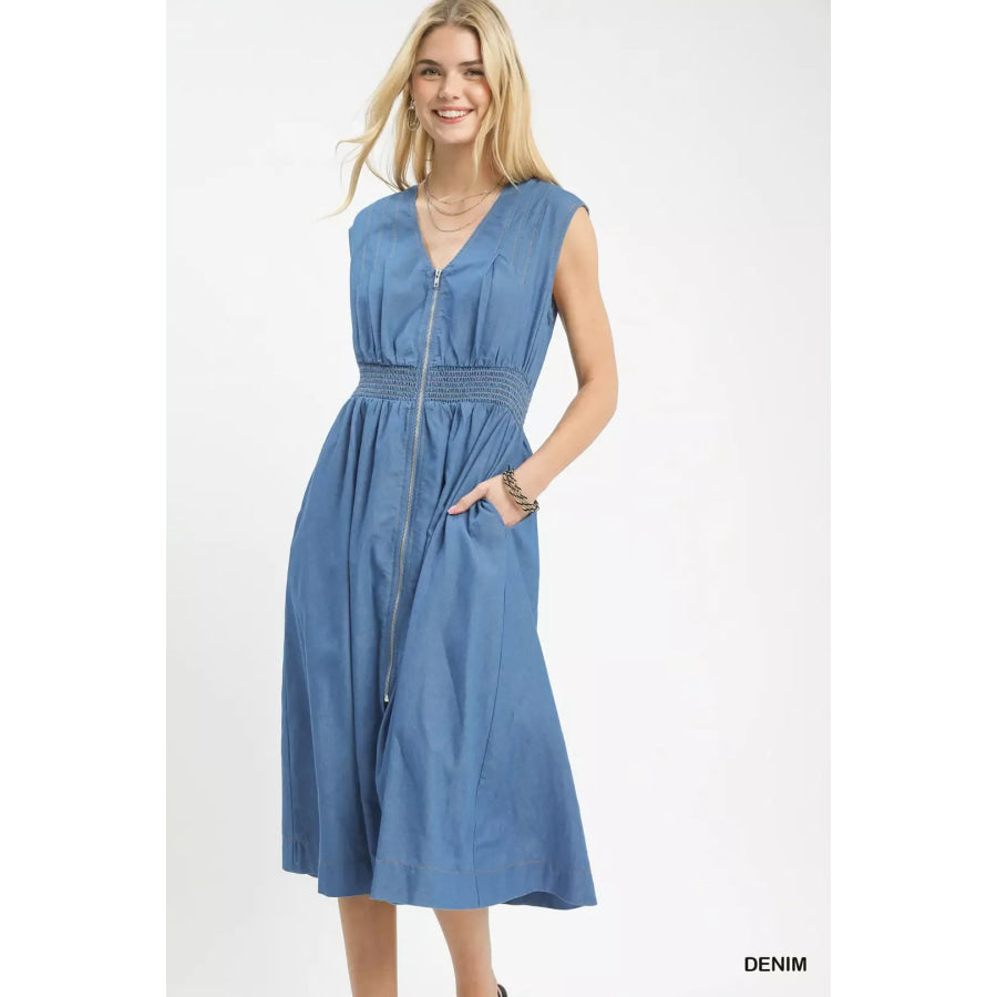 Umgee Denim Sleeveless Zip-Front Smocked Waist Midi Dress DENIM / S Apparel and Accessories