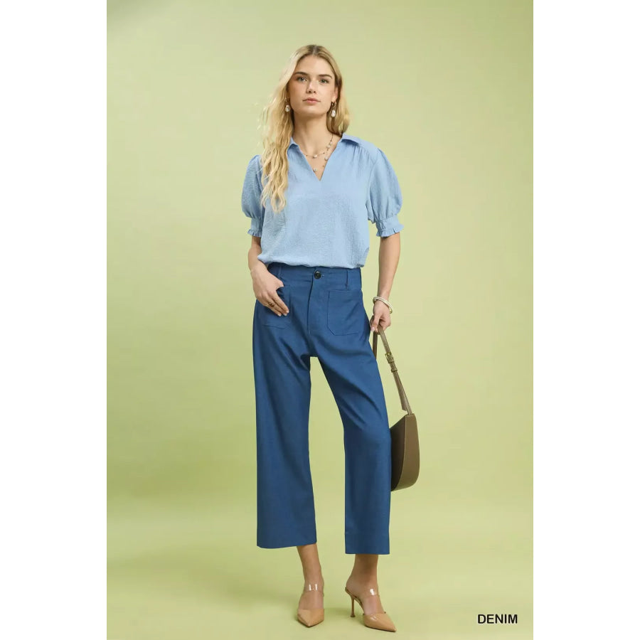 Umgee Denim Wide Leg Crop Pants with Front Pockets Apparel and Accessories
