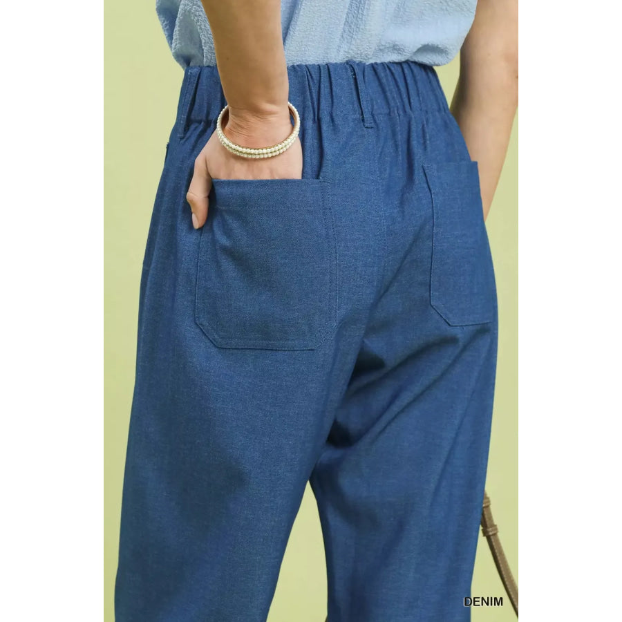 Umgee Denim Wide Leg Crop Pants with Front Pockets Apparel and Accessories