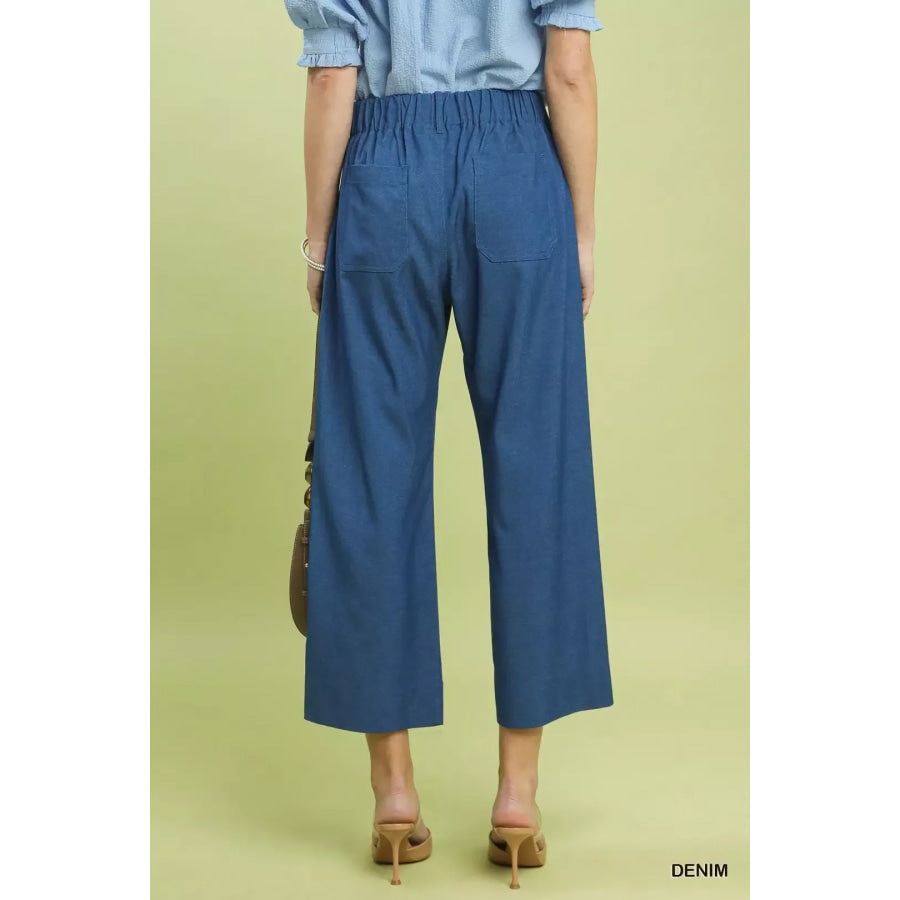 Umgee Denim Wide Leg Crop Pants with Front Pockets Apparel and Accessories