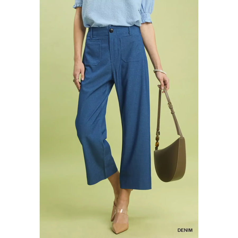 Umgee Denim Wide Leg Crop Pants with Front Pockets DENIM / S Apparel and Accessories