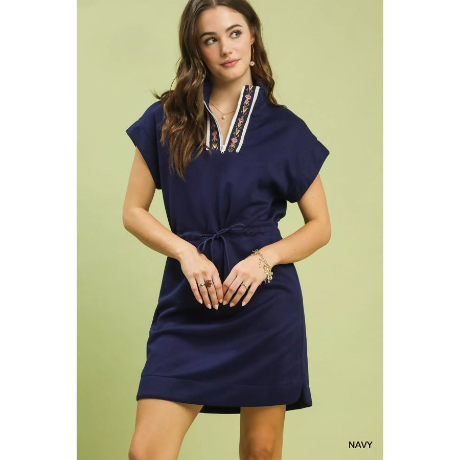 Umgee Dolman Sleeve Zip Detail Dress NAVY / S Apparel and Accessories