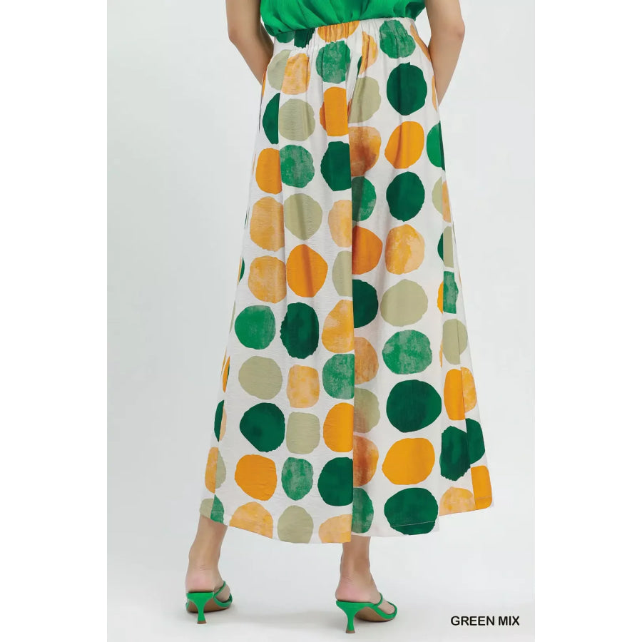 Umgee Dot Print Wide Leg Pants GREEN MIX / S Apparel and Accessories