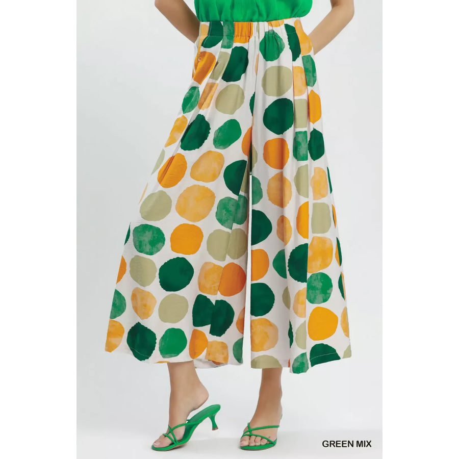 Umgee Dot Print Wide Leg Pants GREEN MIX / S Apparel and Accessories