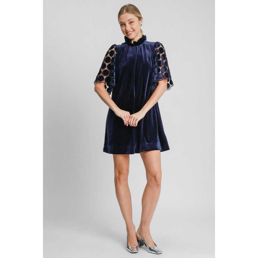 Umgee Dotted Lace Half Sleeve Mock Neck Back Tie Velvet Dress Apparel and Accessories