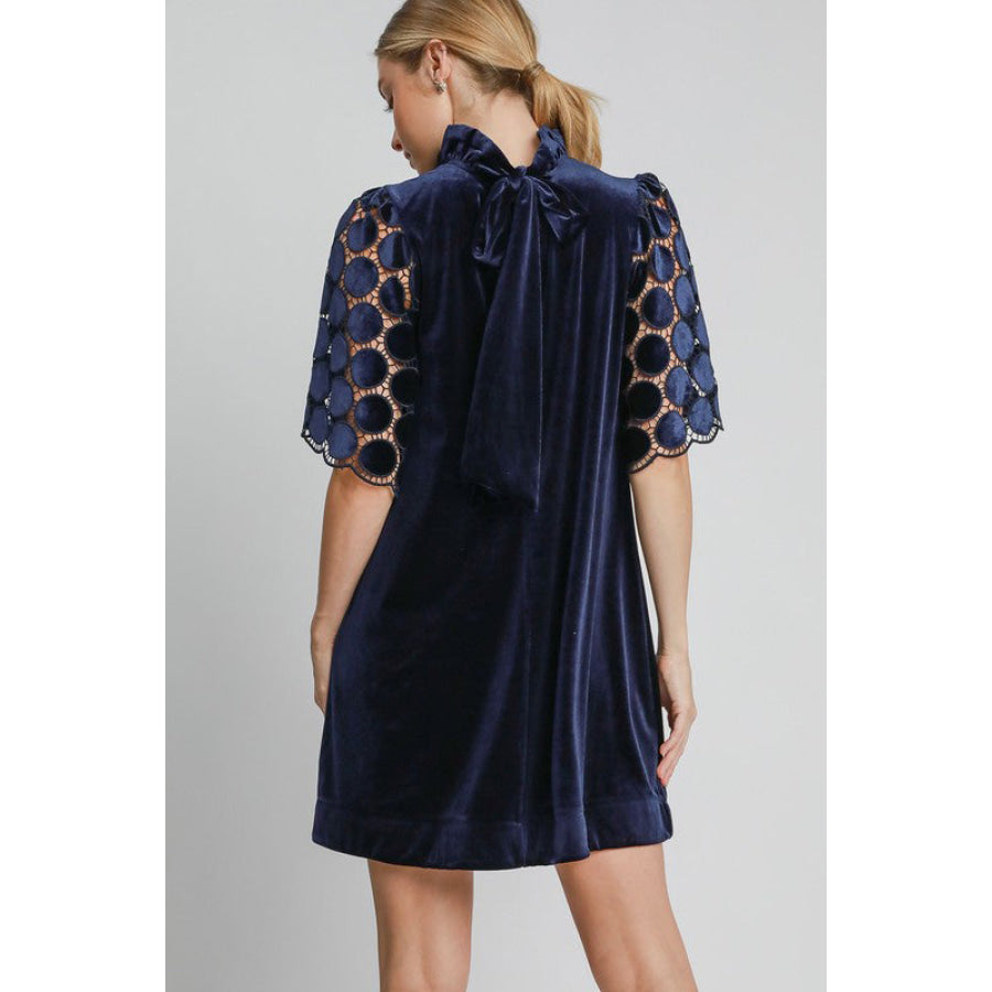 Umgee Dotted Lace Half Sleeve Mock Neck Back Tie Velvet Dress Navy / S Apparel and Accessories