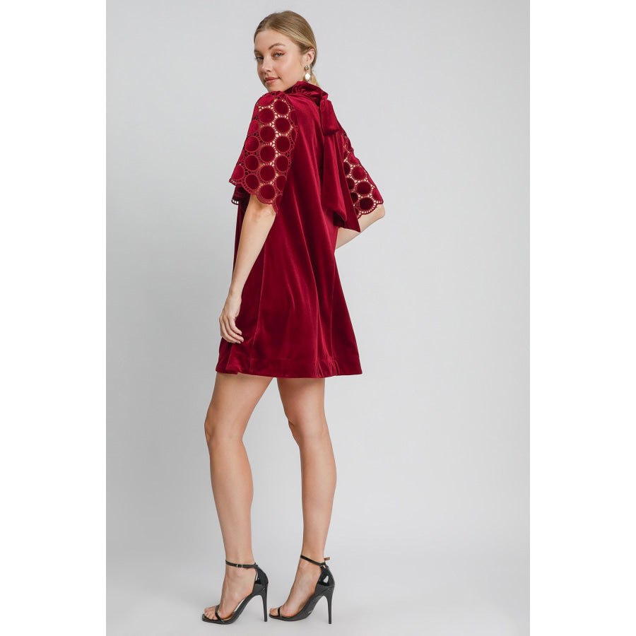 Umgee Dotted Lace Half Sleeve Mock Neck Back Tie Velvet Dress Apparel and Accessories