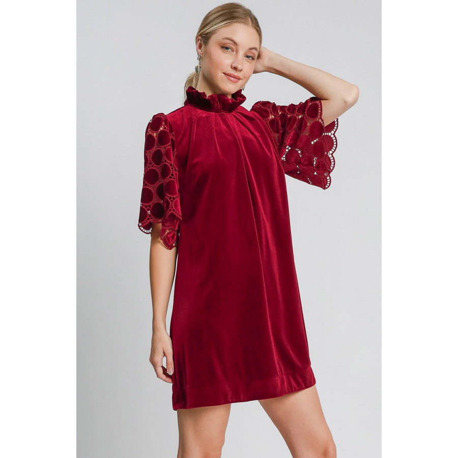 Umgee Dotted Lace Half Sleeve Mock Neck Back Tie Velvet Dress Apparel and Accessories