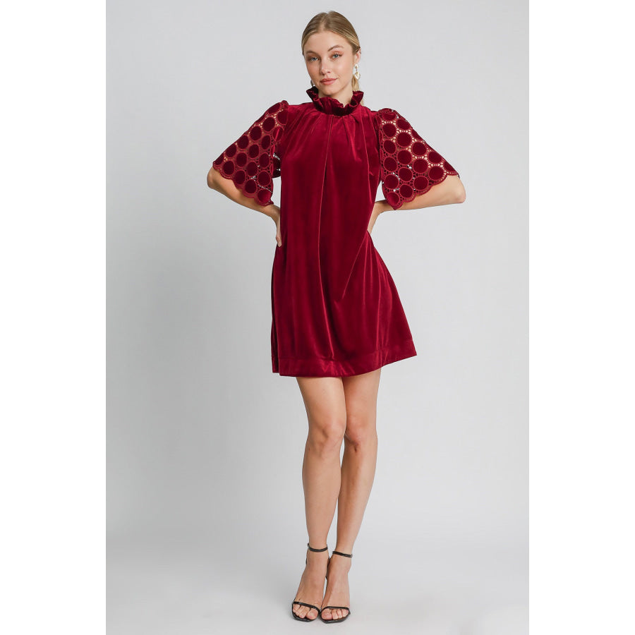 Umgee Dotted Lace Half Sleeve Mock Neck Back Tie Velvet Dress Apparel and Accessories