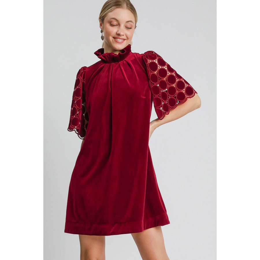 Umgee Dotted Lace Half Sleeve Mock Neck Back Tie Velvet Dress Burgundy / S Apparel and Accessories