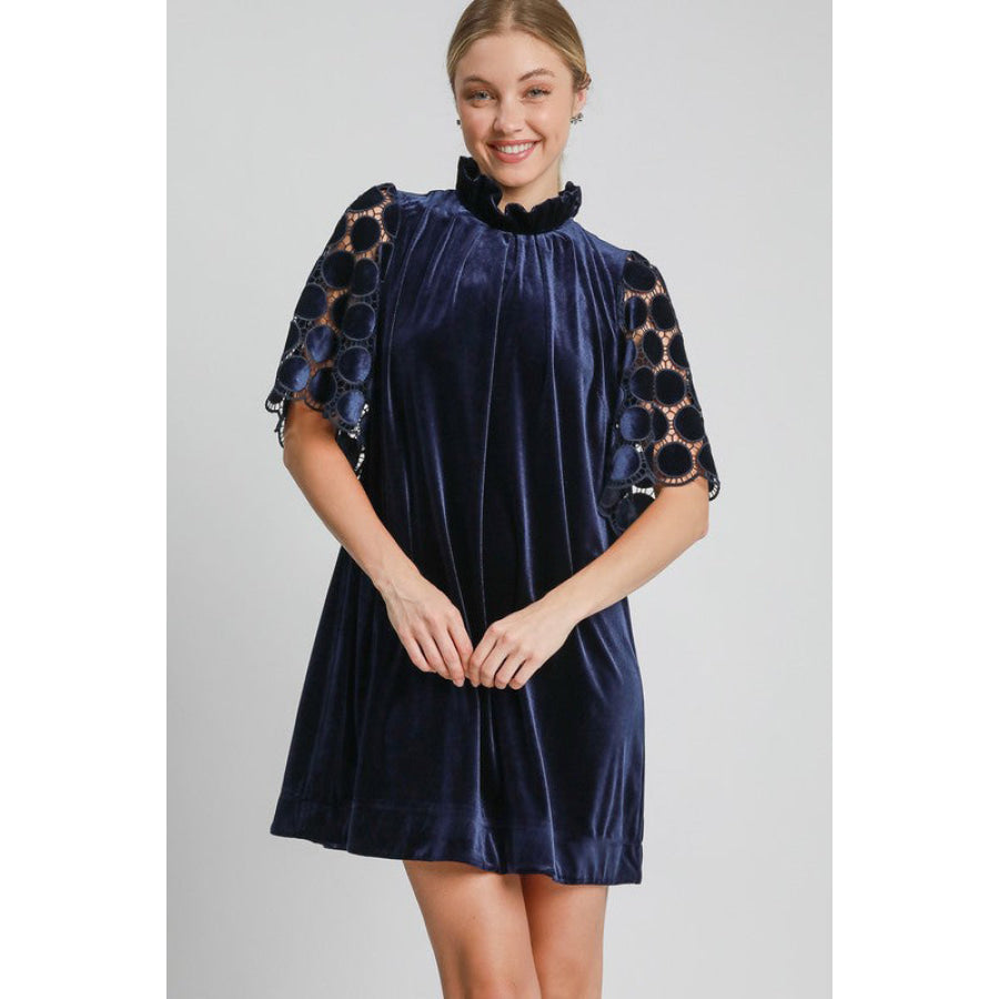 Umgee Dotted Lace Half Sleeve Mock Neck Back Tie Velvet Dress Navy / S Apparel and Accessories