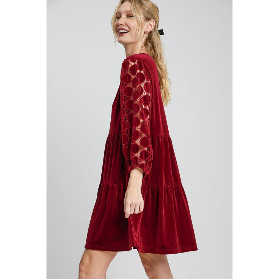 Umgee Dotted Lace Sleeve Tiered Velvet Mini Dress Apparel and Accessories