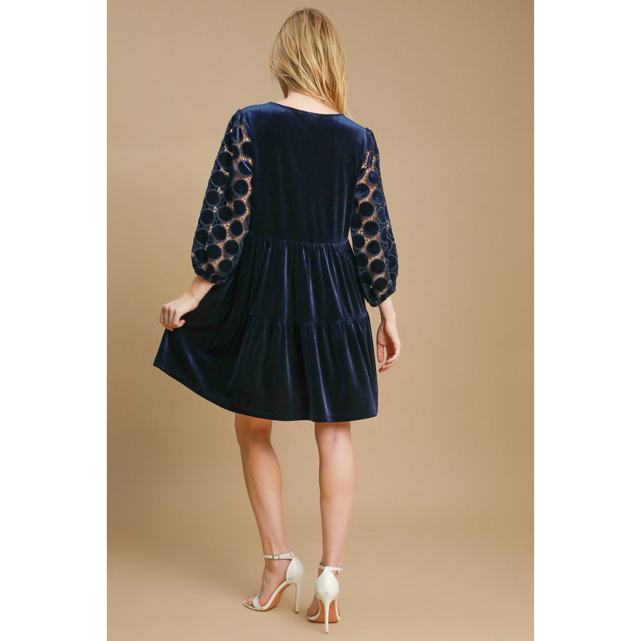 Umgee Dotted Lace Sleeve Tiered Velvet Mini Dress Apparel and Accessories