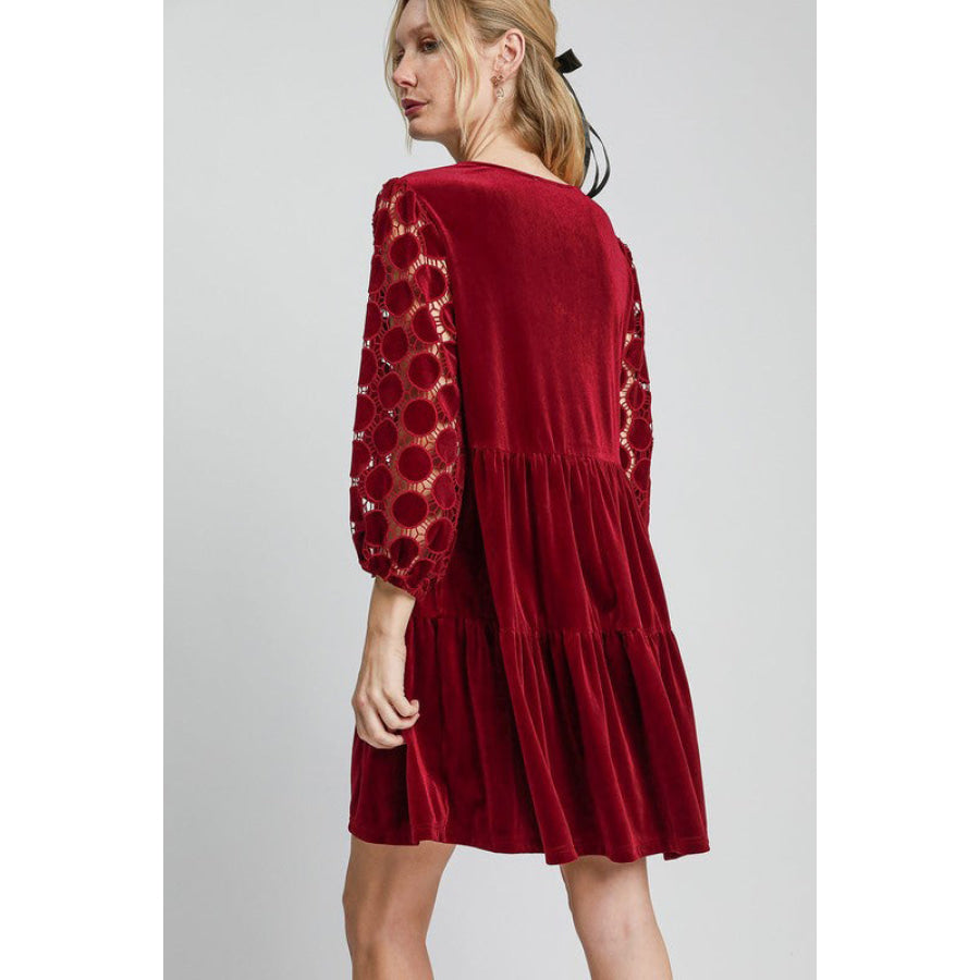 Umgee Dotted Lace Sleeve Tiered Velvet Mini Dress Apparel and Accessories