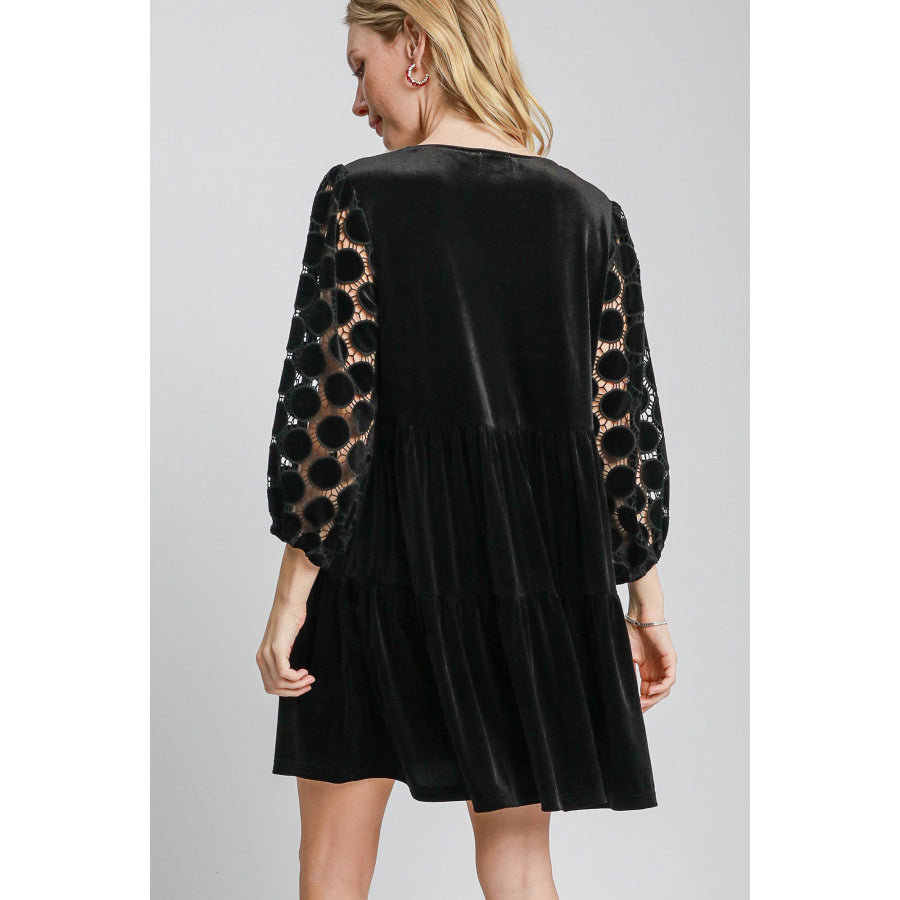 Umgee Dotted Lace Sleeve Tiered Velvet Mini Dress Apparel and Accessories