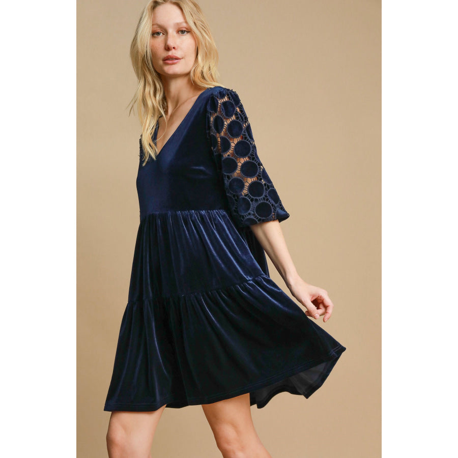 Umgee Dotted Lace Sleeve Tiered Velvet Mini Dress Apparel and Accessories