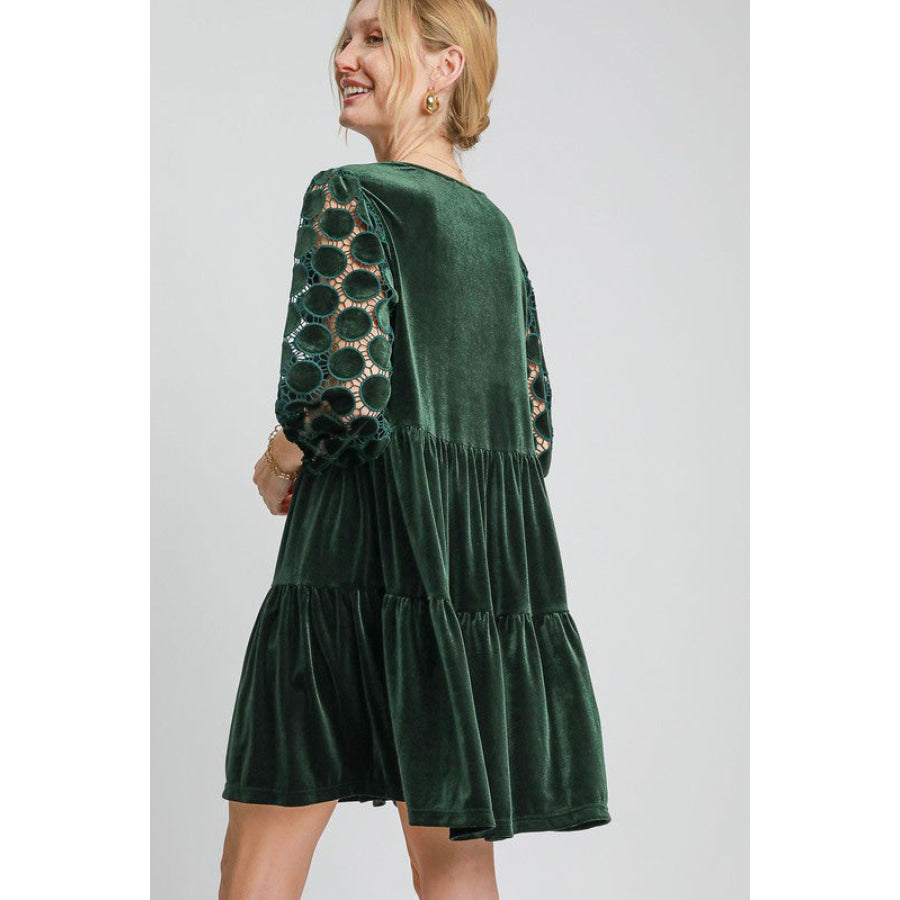 Umgee Dotted Lace Sleeve Tiered Velvet Mini Dress Dark Green / S Apparel and Accessories