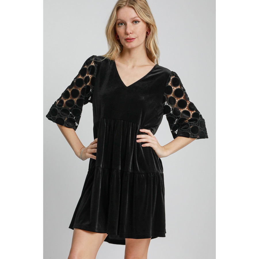 Umgee Dotted Lace Sleeve Tiered Velvet Mini Dress Black / S Apparel and Accessories