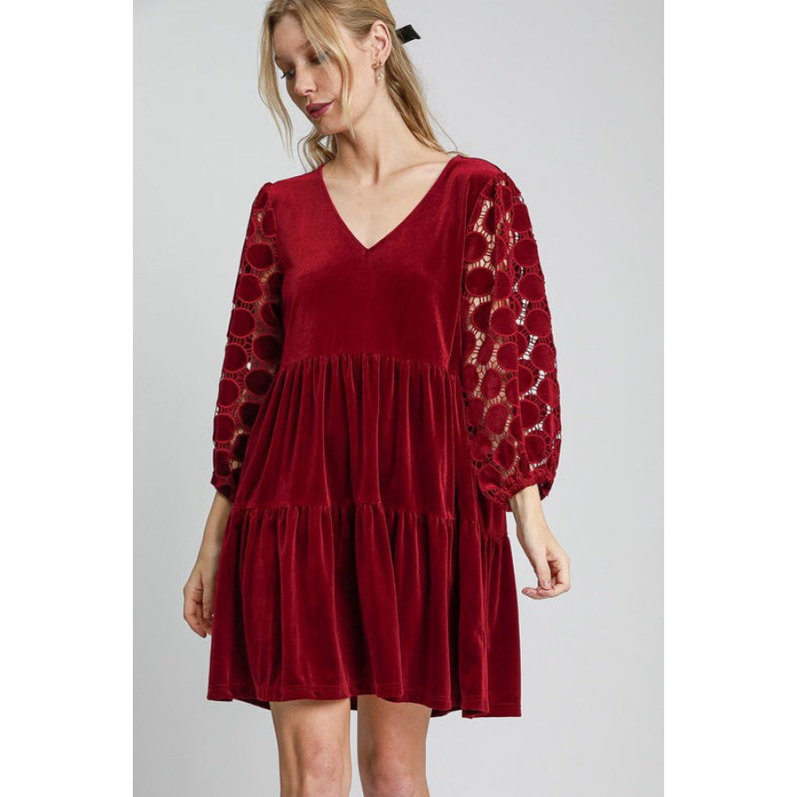 Umgee Dotted Lace Sleeve Tiered Velvet Mini Dress Burgundy / S Apparel and Accessories