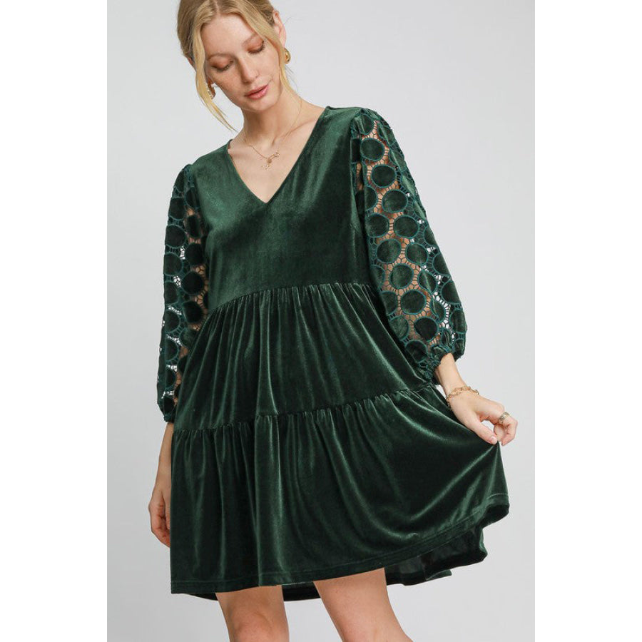 Umgee Dotted Lace Sleeve Tiered Velvet Mini Dress Dark Green / S Apparel and Accessories