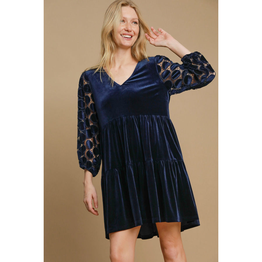 Umgee Dotted Lace Sleeve Tiered Velvet Mini Dress Navy / S Apparel and Accessories