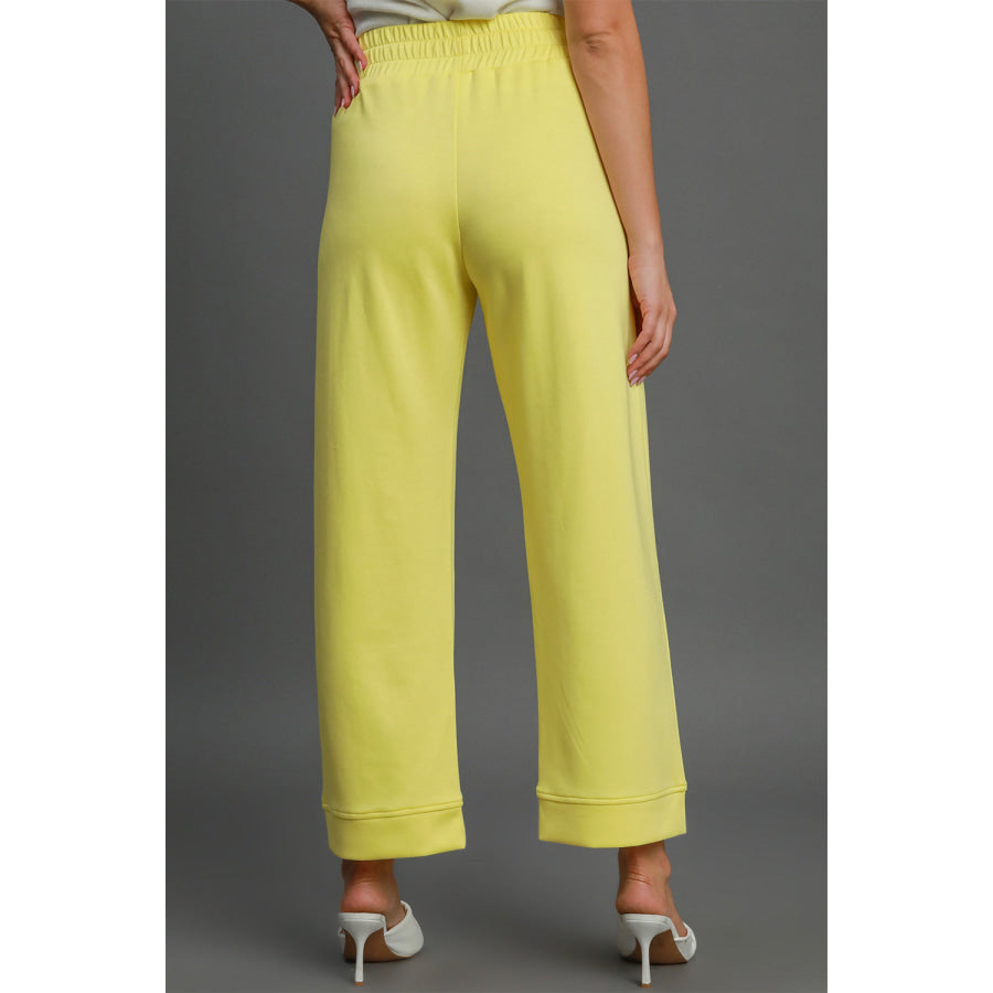 Umgee Drawstring Elastic Waist Wide Leg Pants Yellow / S Apparel and Accessories