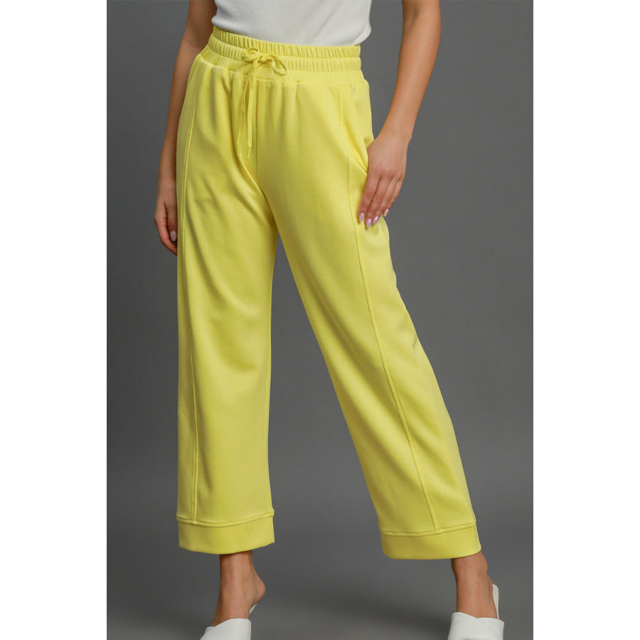 Umgee Drawstring Elastic Waist Wide Leg Pants Yellow / S Apparel and Accessories