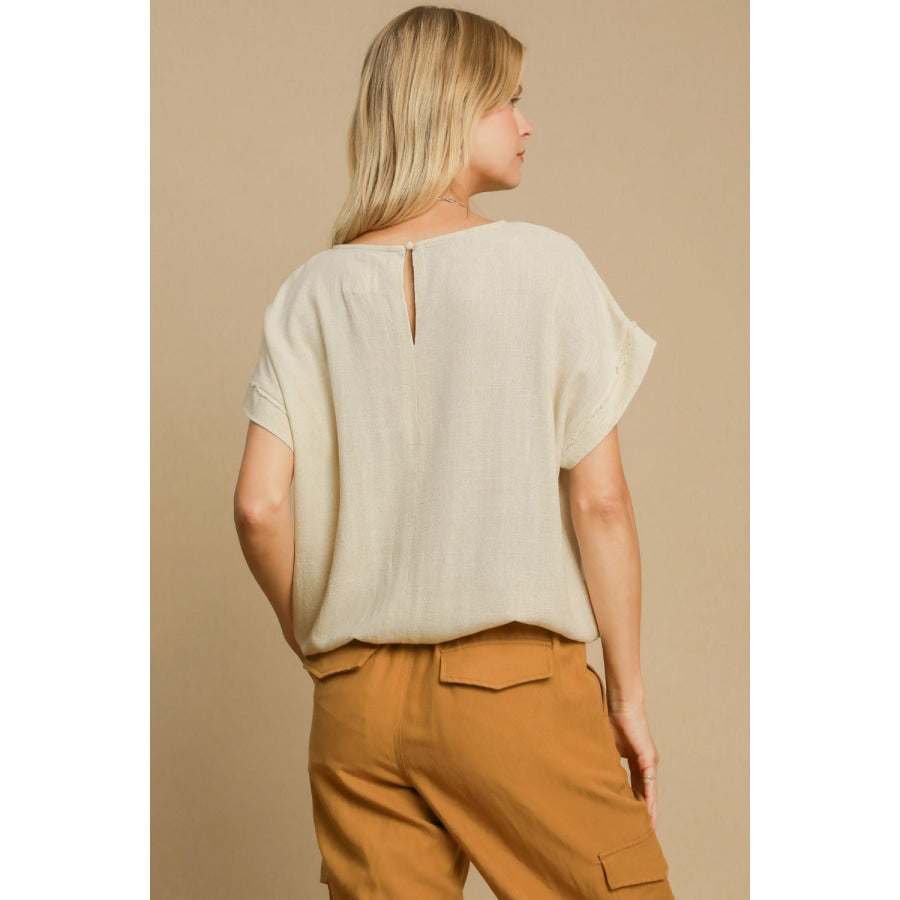 Umgee Drawstring Hem Round Neck Short Sleeve T-Shirt Oatmeal / S Apparel and Accessories