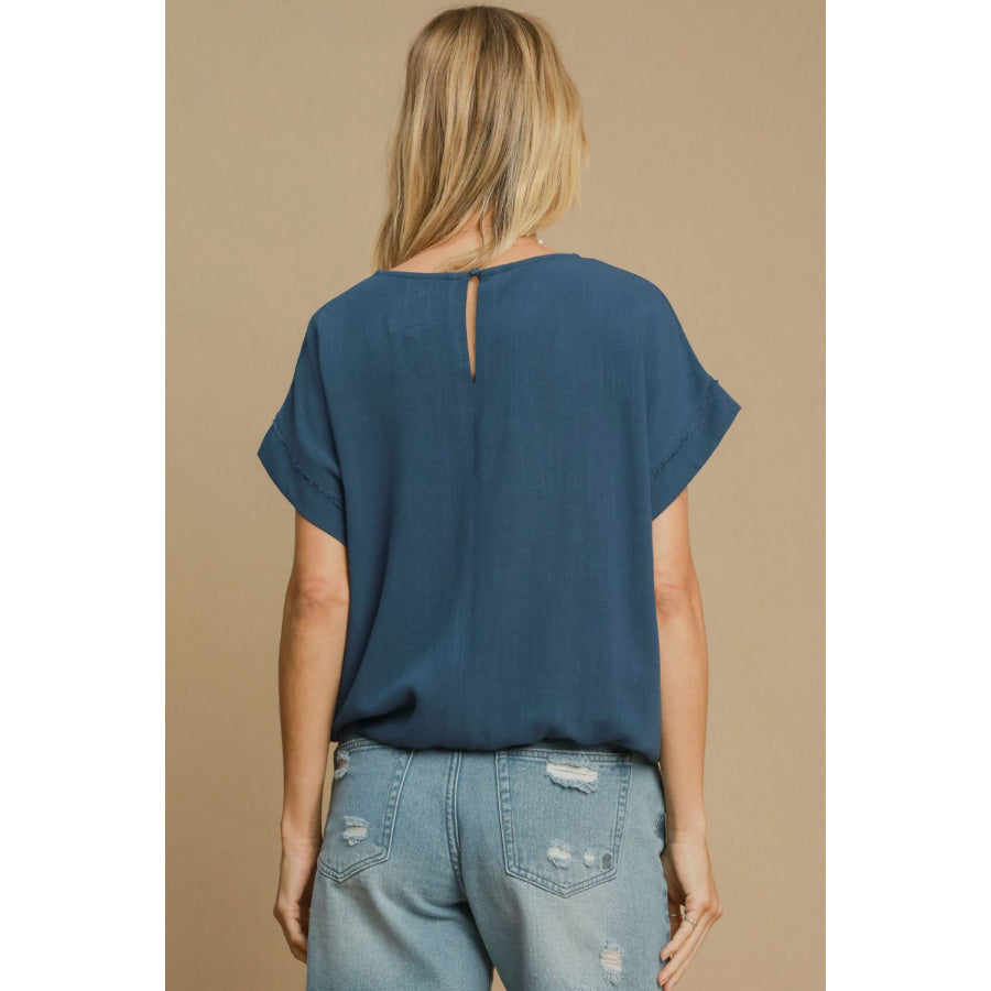 Umgee Drawstring Hem Round Neck Short Sleeve T-Shirt Peacock Blue / S Apparel and Accessories