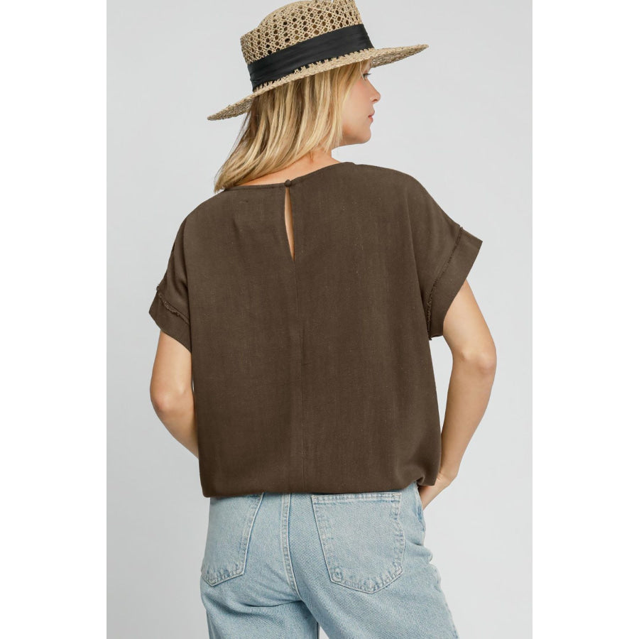 Umgee Drawstring Hem Round Neck Short Sleeve T-Shirt Coffee Brown / S Apparel and Accessories