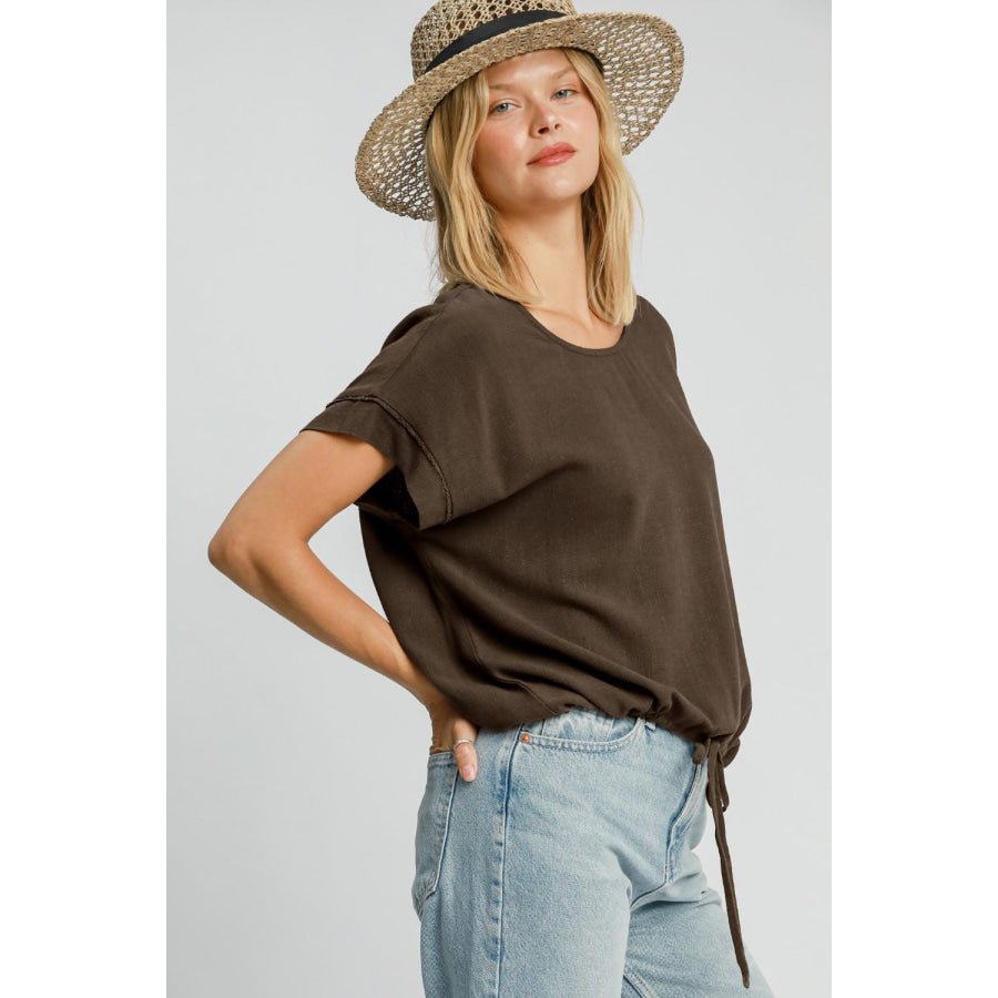 Umgee Drawstring Hem Round Neck Short Sleeve T-Shirt Apparel and Accessories