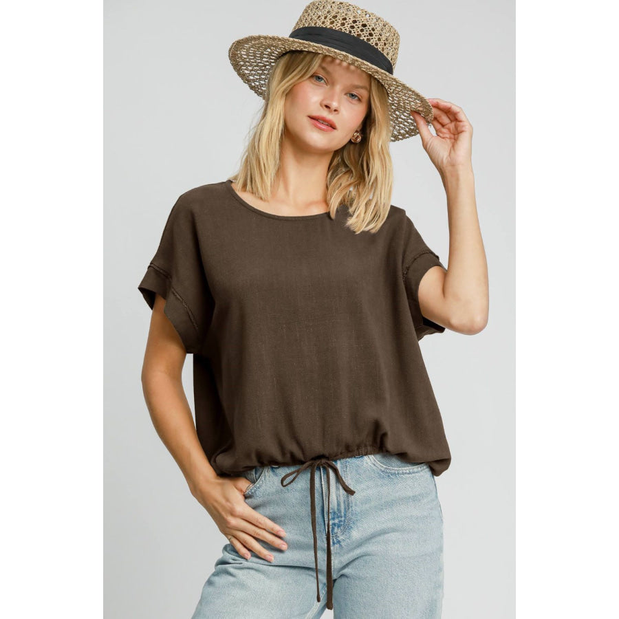 Umgee Drawstring Hem Round Neck Short Sleeve T-Shirt Coffee Brown / S Apparel and Accessories