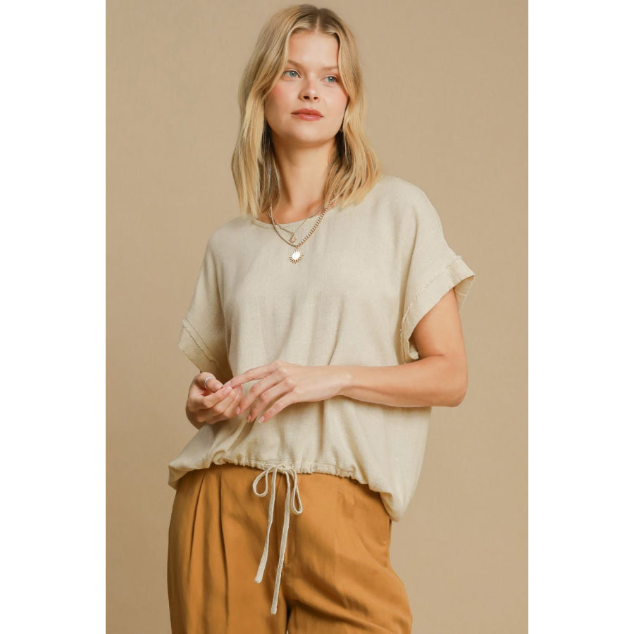 Umgee Drawstring Hem Round Neck Short Sleeve T-Shirt Oatmeal / S Apparel and Accessories