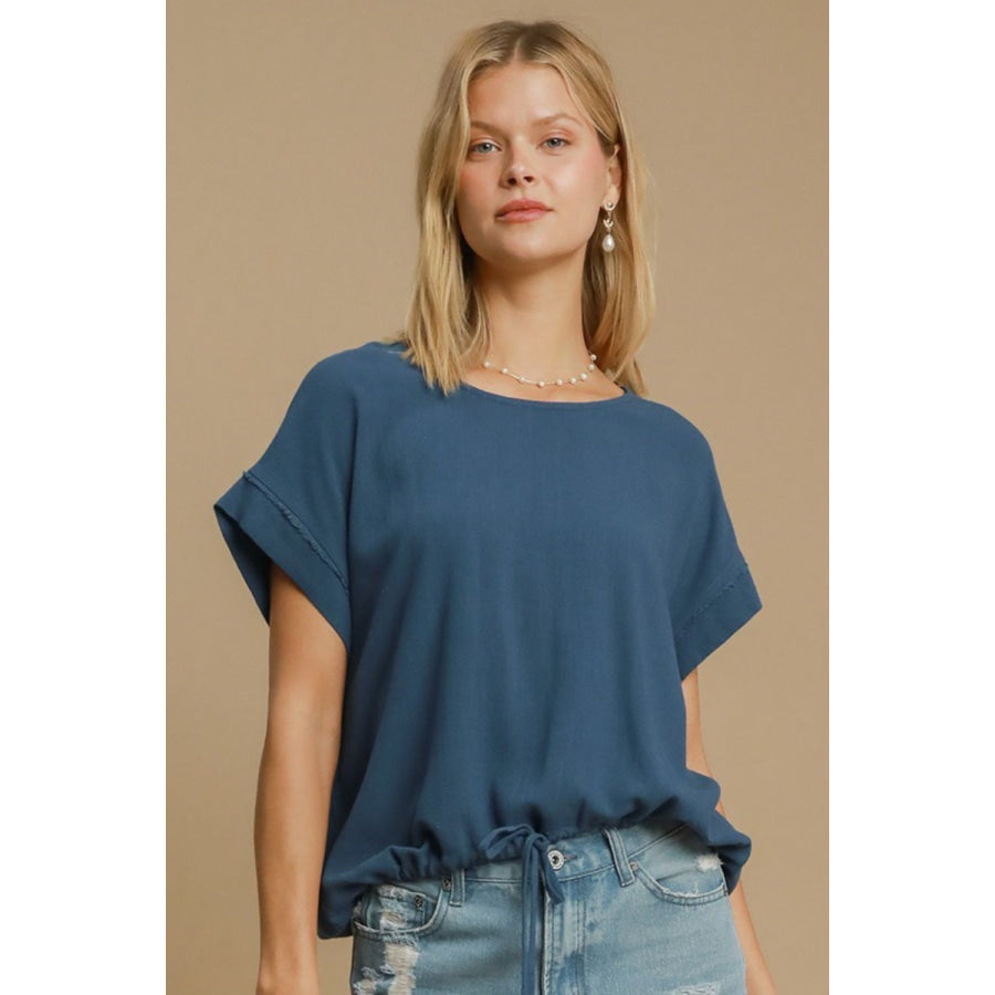 Umgee Drawstring Hem Round Neck Short Sleeve T-Shirt Peacock Blue / S Apparel and Accessories