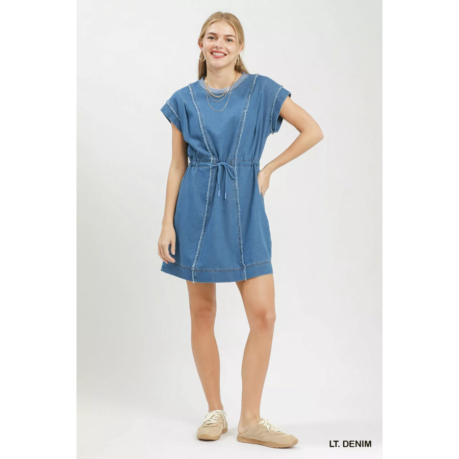 Umgee Drawstring Waist Frayed Denim Mini Dress Apparel and Accessories