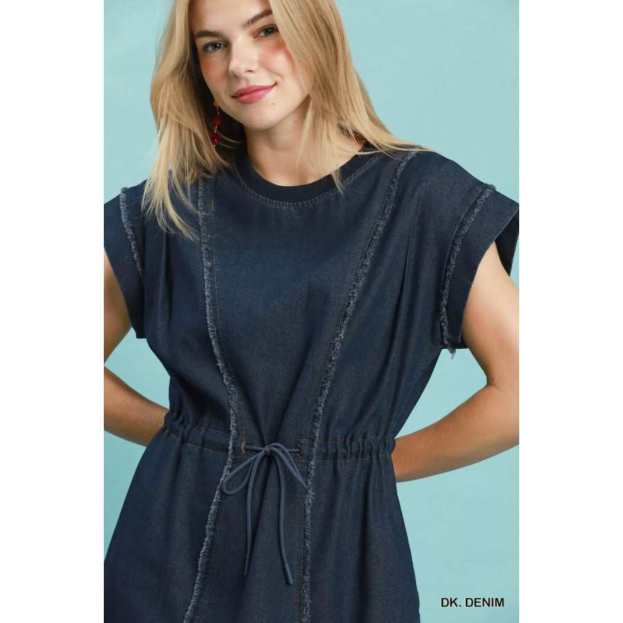 Umgee Drawstring Waist Frayed Denim Mini Dress Apparel and Accessories