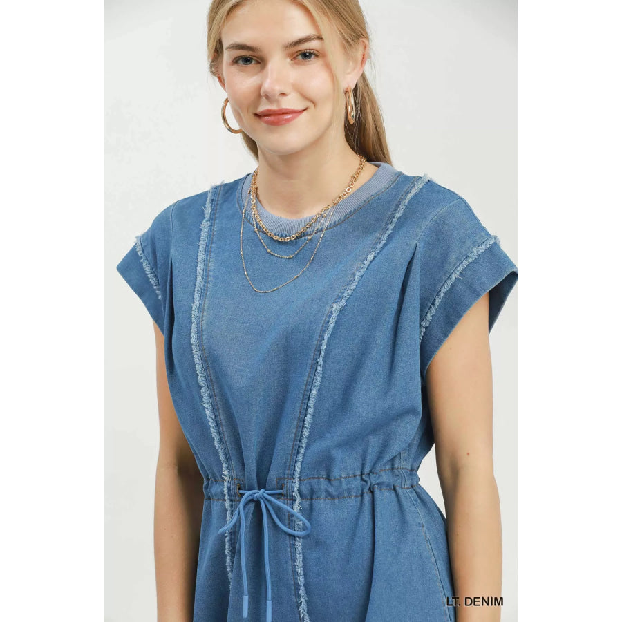 Umgee Drawstring Waist Frayed Denim Mini Dress Apparel and Accessories