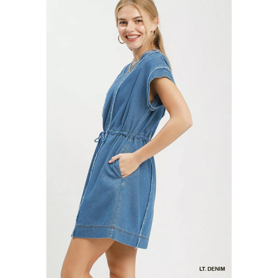 Umgee Drawstring Waist Frayed Denim Mini Dress Apparel and Accessories