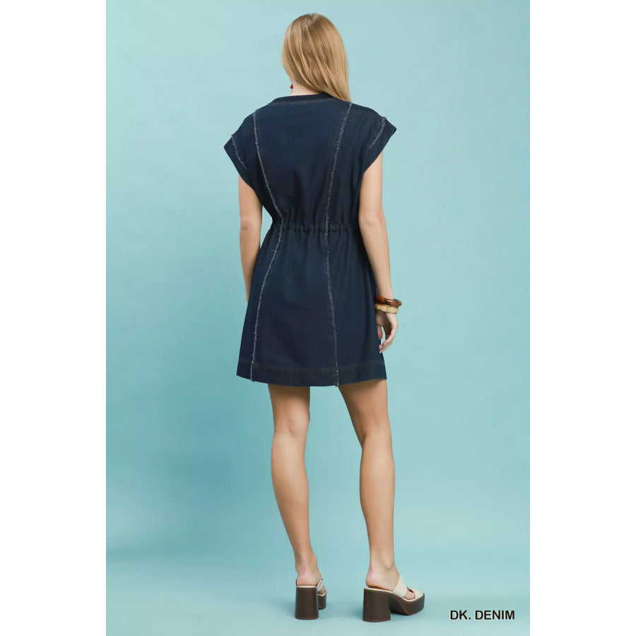 Umgee Drawstring Waist Frayed Denim Mini Dress Apparel and Accessories
