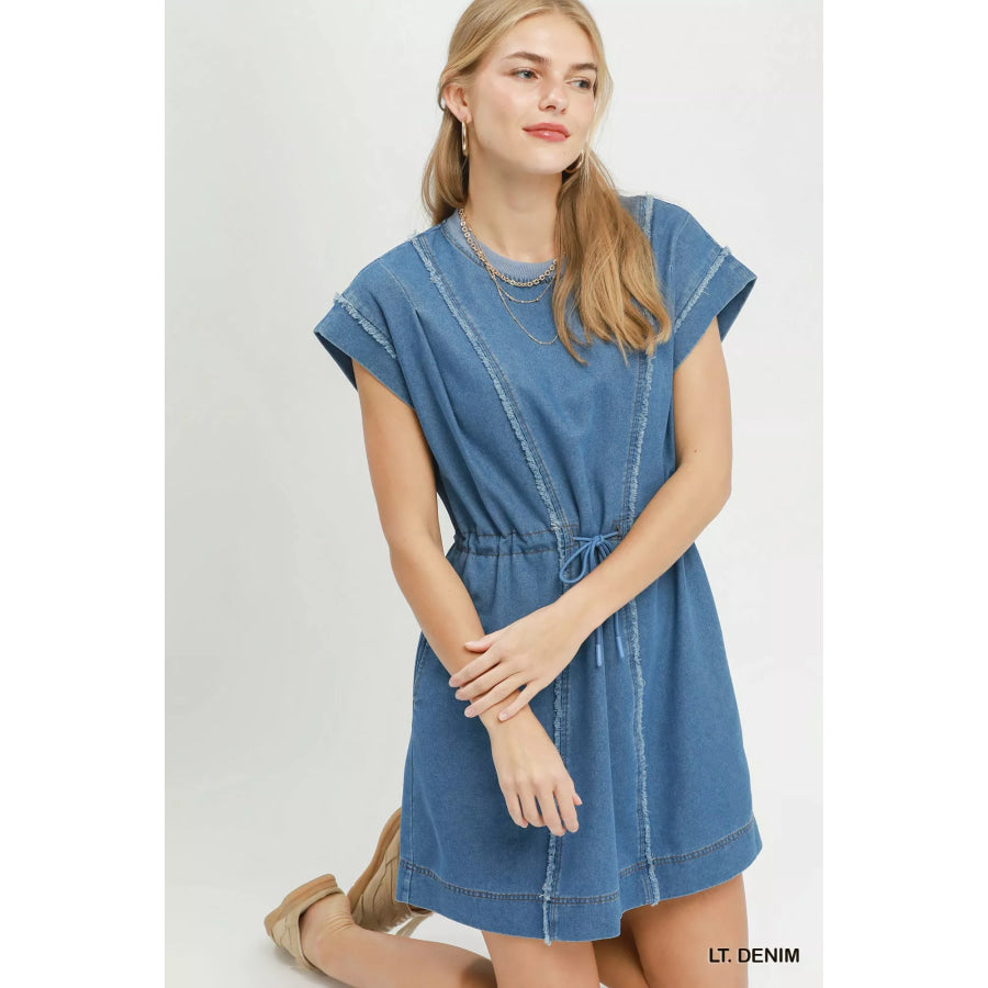 Umgee Drawstring Waist Frayed Denim Mini Dress Apparel and Accessories