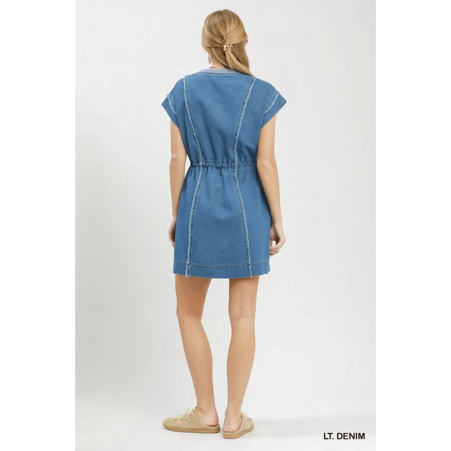 Umgee Drawstring Waist Frayed Denim Mini Dress Apparel and Accessories