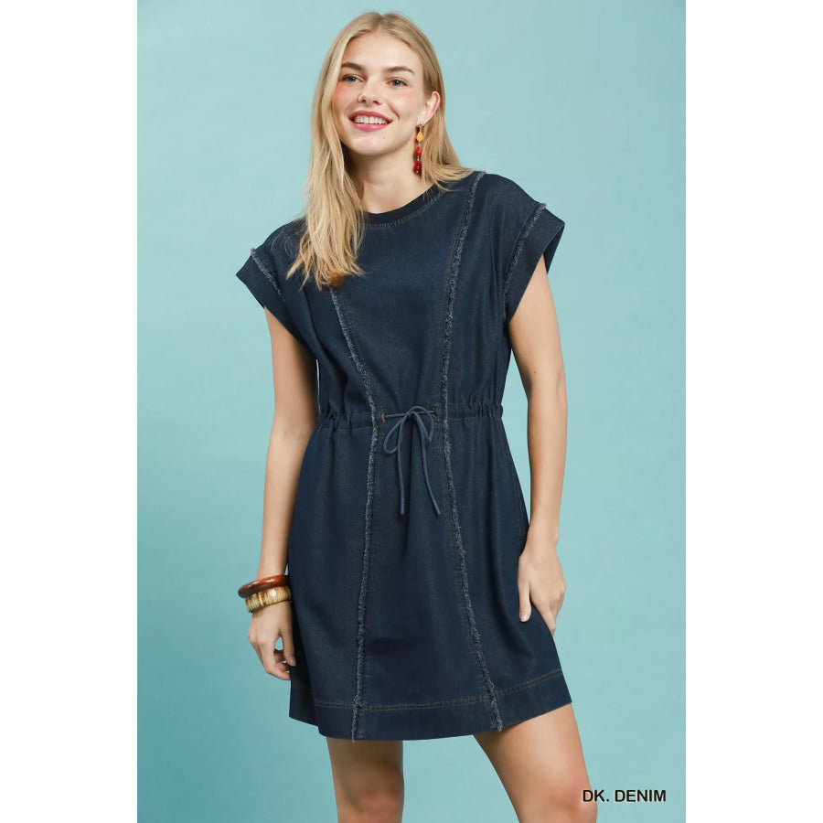 Umgee Drawstring Waist Frayed Denim Mini Dress DK. DENIM / S Apparel and Accessories