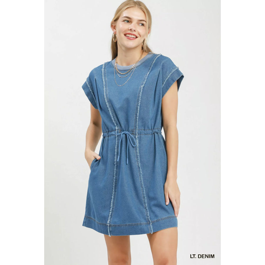 Umgee Drawstring Waist Frayed Denim Mini Dress LT. DENIM / S Apparel and Accessories