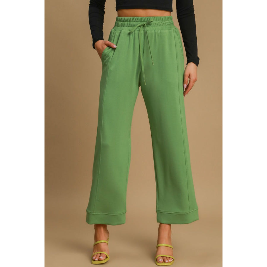 Umgee Drawstring Wide Leg Pants with Pockets Green / S Apparel and Accessories